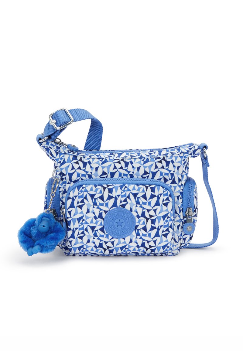 Borsa crossbody a fantasia blu realizzata in tessuto, dotata di tasca con zip, tracolla regolabile e un portachiavi a forma di gorilla peloso blu.