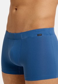 Modré bavlněné boxerky s měkkou texturou, elastickým pasem a štítkem s logem. Mají přiléhavý střih a hladké švy pro pohodlí.