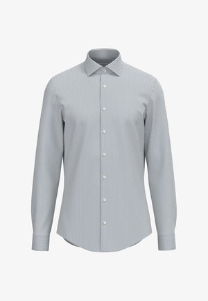 Pasek długa bluzka z długim rękawem w niebiesko-białe pionowe pasy, z szpiczastym kołnierzykiem oraz zapięciem na guziki z zaokrąglonym dołem.