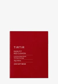 Rote rechteckige Verpackung für TIRTIR Mask Fit Red Cushion. Textdetails zu Deckkraft und Farbton. Material wirkt glatt mit minimalistischem Design.