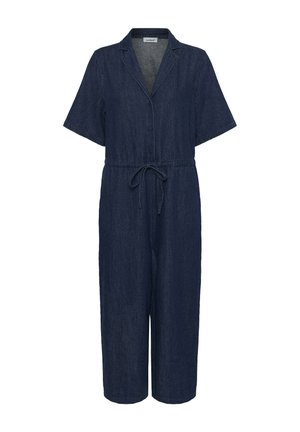 Donkerblauwe denim jumpsuit met korte mouwen, kraag, knoopsluiting aan de voorkant en tailleband met strik, voorzien van wijd uitlopende cropped broekspijpen.