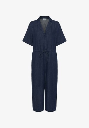 Ciemnoniebieski kombinezon dżinsowy z krótkimi rękawami, kołnierzykiem, zapięciem na guziki z przodu i paskiem w talii, z szerokimi, krótkimi nogawkami.