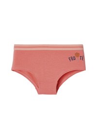 Rosa Baumwollshorts mit einem breiten, elastischen Bund, der zwei dünne Streifen aufweist. Auf der Vorderseite steht "FRUITÉ" mit einer Karottengrafik.