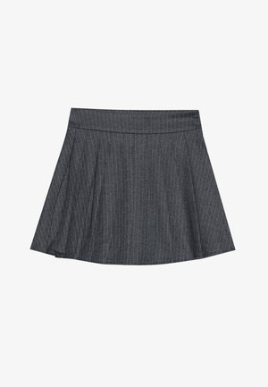 Gray pinstriped skater skirt with a fitted waistband, flared A-line shape, and soft fabric texture. Vertical lines enhance visual interest.