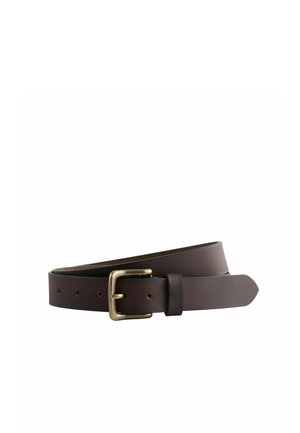 Dark brown leather belt coiled with a brass rectangular buckle and multiple adjustment holes on a white background.