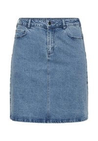 Mini-jupe en denim bleu avec boutons devant, fermeture éclair, passants pour ceinture et poches avant, présentée sur fond blanc.