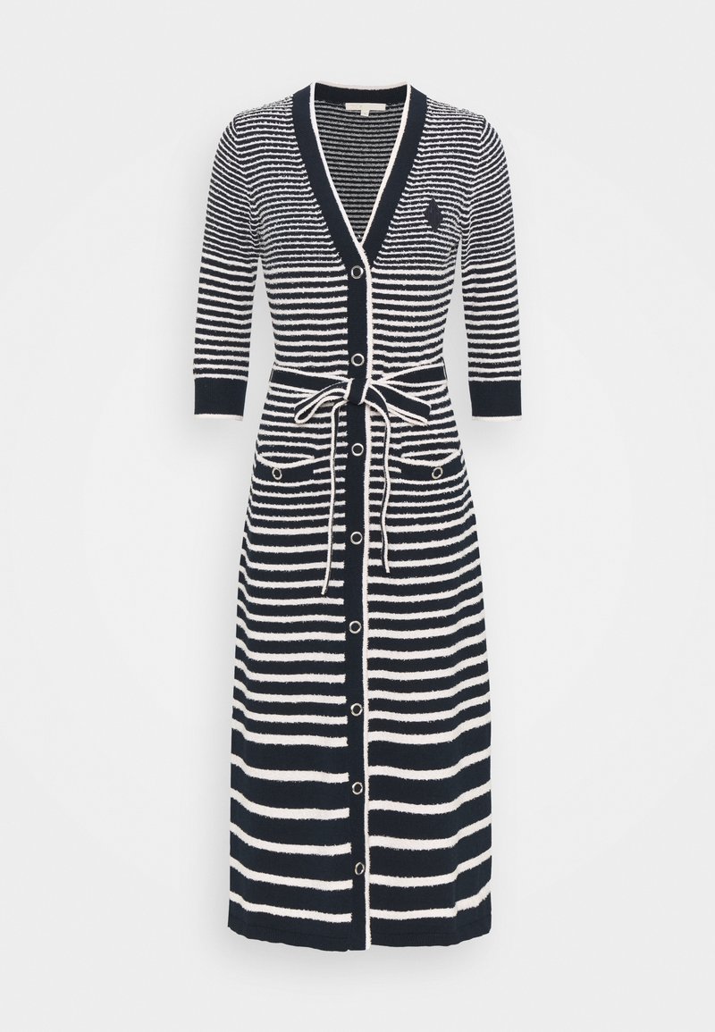 Vestito cardigan a righe navy e bianche in maglia con cintura, chiusura con bottoni frontale, maniche a tre quarti e due tasche frontali.