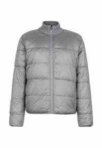 Veste matelassée gris clair avec fermeture éclair à l'avant, col montant et design matelassé. Fabriquée en matériau lisse et brillant avec un col texturé.