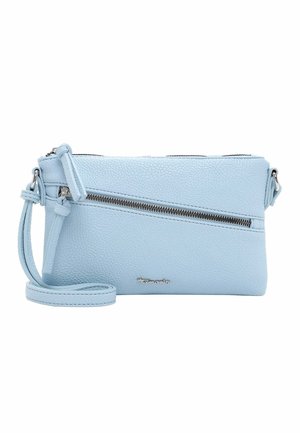 Jasnoniebieska teksturowana skórzana torba na ramię z ukośną przednią kieszenią na zamek i dopasowanym paskiem na nadgarstek.