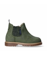 Stivale alla caviglia in suede verde con un pannello laterale in maglia testurizzata, una linguetta e una suola in gomma marrone. Presenta un design a punta rotonda.