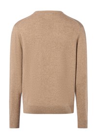 Beige gestrickter Pullover mit langen Ärmeln, rundem Halsausschnitt, glatter Textur und gerippten Bündchen und Saum. Rückansicht, ohne Muster oder Hardware.