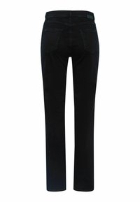 Schwarze Denim-Jeans mit geradem Bein, ausgestattet mit zwei Gesäßtaschen und einer glatten Textur. Keine sichtbaren Beschläge oder Verzierungen.