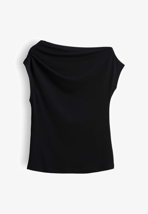 Schwarzes ärmelloses Damenoberteil mit asymmetrischem, drapiertem Ausschnitt, glattem Stoff und geradem Saum vor weißem Hintergrund.