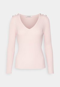 Maglione a costine di un rosa chiaro con scollo a V e dettagli in bottone dorato sulle spalle, maniche lunghe e silhouette aderente.