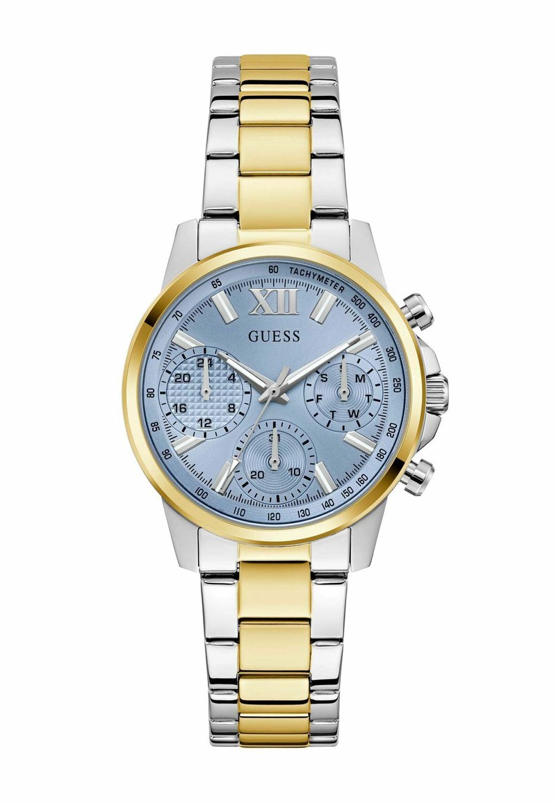Orologio in acciaio inossidabile con bracciale bicolore argento e oro, caratterizzato da un quadrante blu, tre sottodial e indicatori delle ore ben visibili.