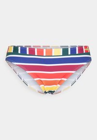 Többszínű bikini alsó vízszintes csíkokkal. Él�énk piros, kék, zöld, sárga és fehér színek jellemzik, sima anyagból készült, rugalmas derékpánttal.