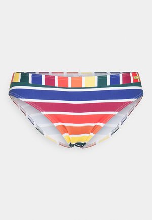 Multicolored bikini onderkant in horizontale strepen. Beschikbaar in levendige kleuren zoals rood, blauw, groen, geel en wit, met een gladde stof en een elastische tailleband.