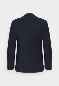 Navy suit jacket with a smooth texture, single-breasted design, notched lapels, and button accents on sleeves. Back view displayed.