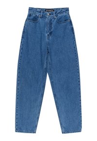 Blå denim jeans med høj talje, straight leg design, fem lommer og subtilt falmet tekstur i hele stoffet.