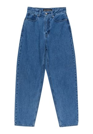 Blauwe denim jeans met een hoge taille, straight leg ontwerp, vijf zakken stijl en subtiele vervaging over de stof.