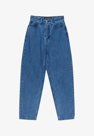 Blå denim jeans med høj talje, straight leg design, fem lommer og subtilt falmet tekstur i hele stoffet.