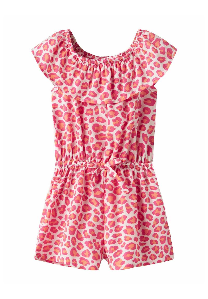 Roze luipaardprint romper met korte, gerimpelde mouwen, elastische tailleband en strikdetail. Gemaakt van lichtgewicht, ademend materiaal.