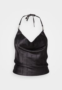 Svart satin halterneck-topp med V-hals, draperad front och justerbara knytband med silverfärgade detaljer. Dämpat logomönster över hela.