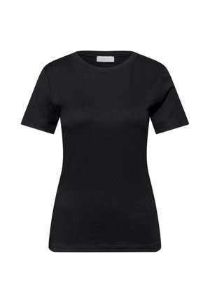 Zwarte nauwsluitende T-shirt met korte mouwen en een ronde hals, met een gladde textuur, frontaal weergegeven op een effen witte achtergrond.