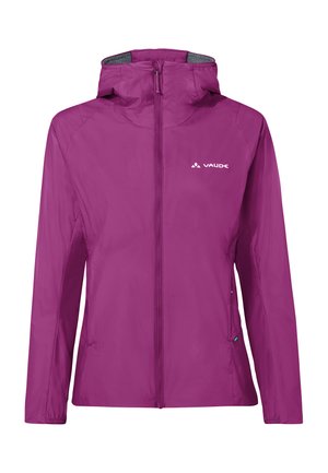 Giacca leggera viola Vaude con cappuccio e zip frontale, progettata per attività all'aperto, con logo sul petto.