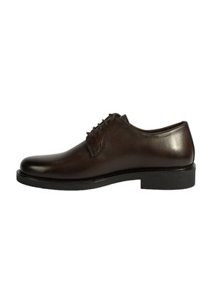 Braune Lederdressschuhe mit glänzender Oberfläche, runder Zehenform, niedrigem Absatz und traditionellem Schnürdesign. Strukturierte Nähte an den Seiten.