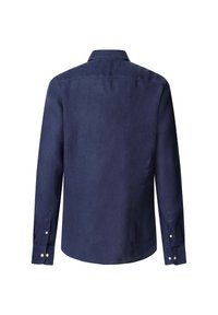 Navy blue long-sleeve shirt made of soft fabric, featuring a standard collar, button cuffs, and a rounded hem with no visible patterns.