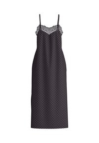 Abito nero a pois con scollatura ornata in pizzo, spalline regolabili e silhouette aderente, che termina appena sopra il ginocchio.