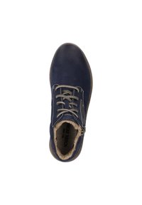 Bottines en cuir bleu marine avec bout arrondi, laçage à l'avant, fermeture éclair sur le côté et doublure en fausse fourrure au col pour plus de confort.
