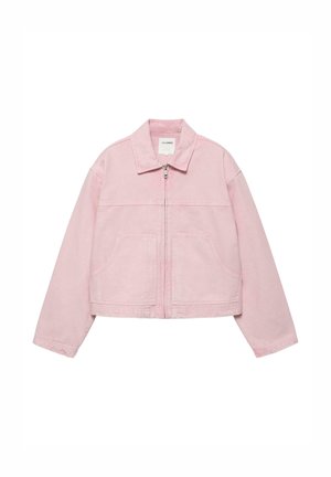 Jasnoróżowa krótka kurtka z długimi rękawami, zamkiem błyskawicznym z przodu, dwoma dużymi kieszeniami i szpiczastym kołnierzem.
