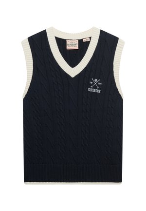 Navy knit sleeveless sweater with a V-neck, cream ribbed trim, cable knit texture, and logo on the front.