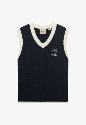 Maglione senza maniche blu navy a maglia con scollatura a V, rifiniture a coste color crema, texture a treccia e logo sulla parte anteriore.