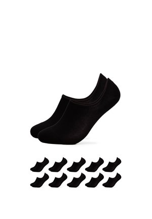 Ein Paar schwarze No-Show-Socken über zehn passenden schwarzen No-Show-Socken, angeordnet in zwei Reihen auf weißem Hintergrund.