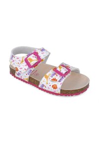 Sandalias blancas con estampado floral y hebillas ajustables rosas, plantilla de corcho y suela de goma rosa. Presentan coloridos patrones de flores y animales.