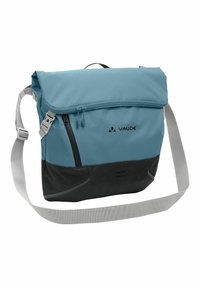 Borse a spalla blu e nera con una superficie testurizzata, tracolla grigia regolabile, tasche con zip e un logo distintivo sulla parte anteriore.
