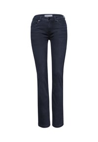 Jeans ajustados azul oscuro con botón frontal y cremallera, con trabillas para cinturón y cinco bolsillos, exhibidos sobre un fondo blanco.