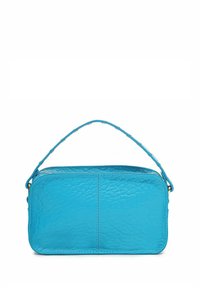 Heldere blauwe, gestructureerde leren handtas met een rechthoekige vorm, voorzien van een enkele bovenhandgreep en een ritsluiting.