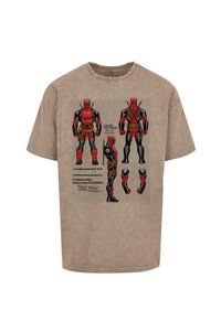 Brown short-sleeve t-shirt featuring a graphic design of a character in red and black, displaying various poses and text. Cotton material.