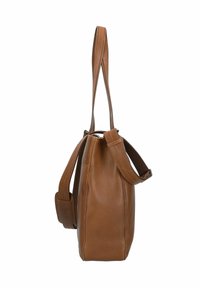 Borsa a spalla in pelle marrone con una superficie liscia, dotata di una singola tracolla e un dettaglio con tasca laterale. Chiusura superiore con zip.
