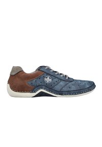 Blue and brown leather sneaker with perforated design, gray laces, white rubber sole, and stitched accents. Features logo on the side.