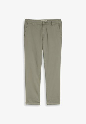 Vīriešu šauras piegriezuma olīveļļas krāsas bikses ar pogu aizdari, jostas cilpām, priekšējām kabatām un manžetēm piedurknēs.