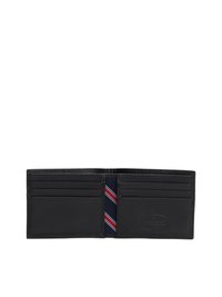 Black leather wallet with multiple card slots, featuring a textured interior and a navy blue lining with red and white stripes.