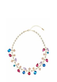 Gold-tone necklace featuring multicolored gemstones in various shapes, including round, pear, and square. Includes chain closure.