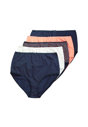 Fünfpack hoher Slip in Marineblau, Koralle, Weiß und mit einem Marineblau gepunkteten Design. Aus weichem Stoff und mit einer dekorativen Schleife am Bund.