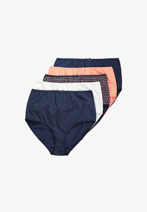 Pack of five high-waisted panties in navy, coral, white, and a navy polka dot design. Features soft fabric and a decorative bow on the waistband.
