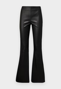 Schwarze, ausgestellte Hosen aus glattem, glänzendem Material. Hoch tailliertes Design mit einem enganliegenden oberen Bereich, der ab dem Knie ausgestellt ist.